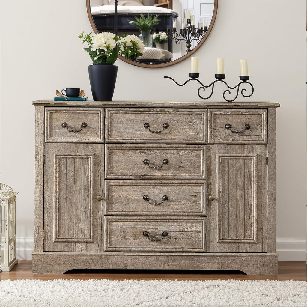 Homkdom Dresser for Bedroom with 6 Drawers & 2 Doors with Silent Gliding Drawers for Bedroom,Dining Room, Hallway,Grey