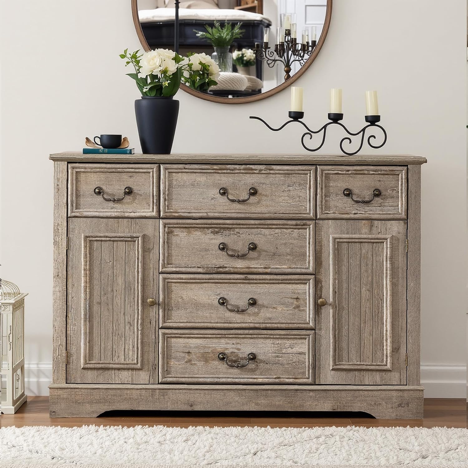 Homkdom Dresser for Bedroom with 6 Drawers & 2 Doors with Silent Gliding Drawers for Bedroom,Dining Room, Hallway,Grey