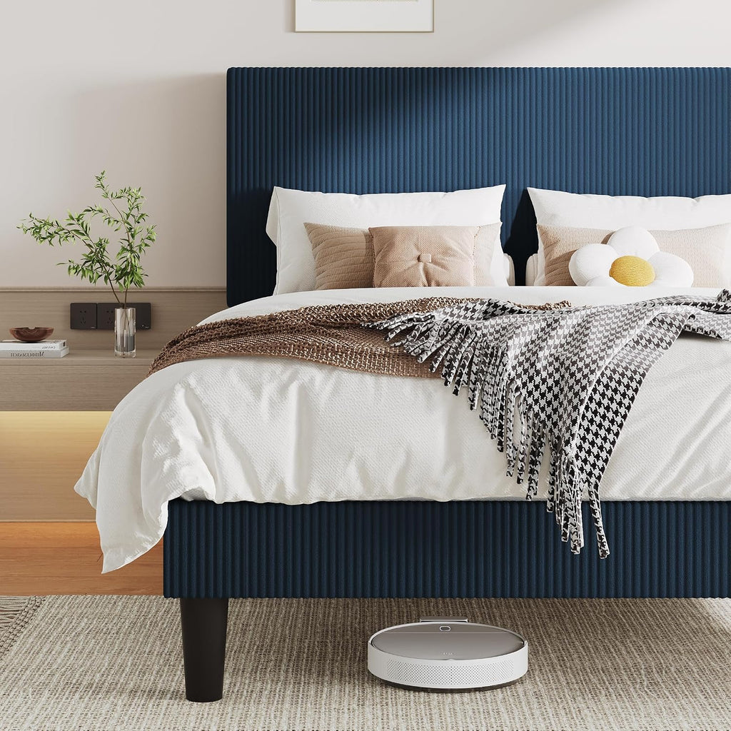 Allewie Full Size Upholstered Bed Frame with Vertical Channel Tufted Headboard, Soft Corduroy Fabric Platform Bed, Strong Wooden Slats Support, Easy Assembly, No Box Spring Needed, Dark Blue