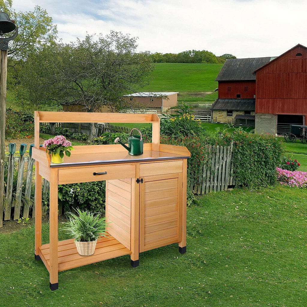 Multi-Purpose Wooden Potting Bench Table Garden Work Planting Furniture with Shelf Sink Drawer Outdoor Storage Room Patio Balcony, Natural Wood color, 44x18.1x49.2 inches (LxWxH)