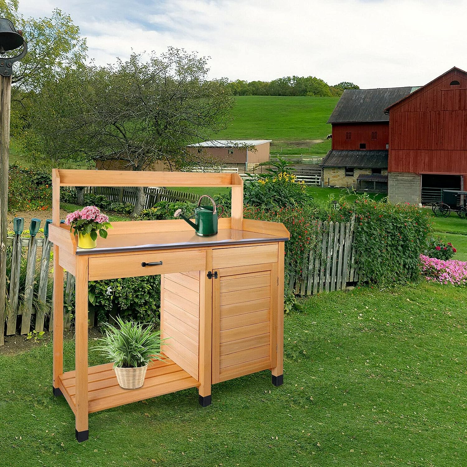Multi-Purpose Wooden Potting Bench Table Garden Work Planting Furniture with Shelf Sink Drawer Outdoor Storage Room Patio Balcony, Natural Wood color, 44x18.1x49.2 inches (LxWxH)