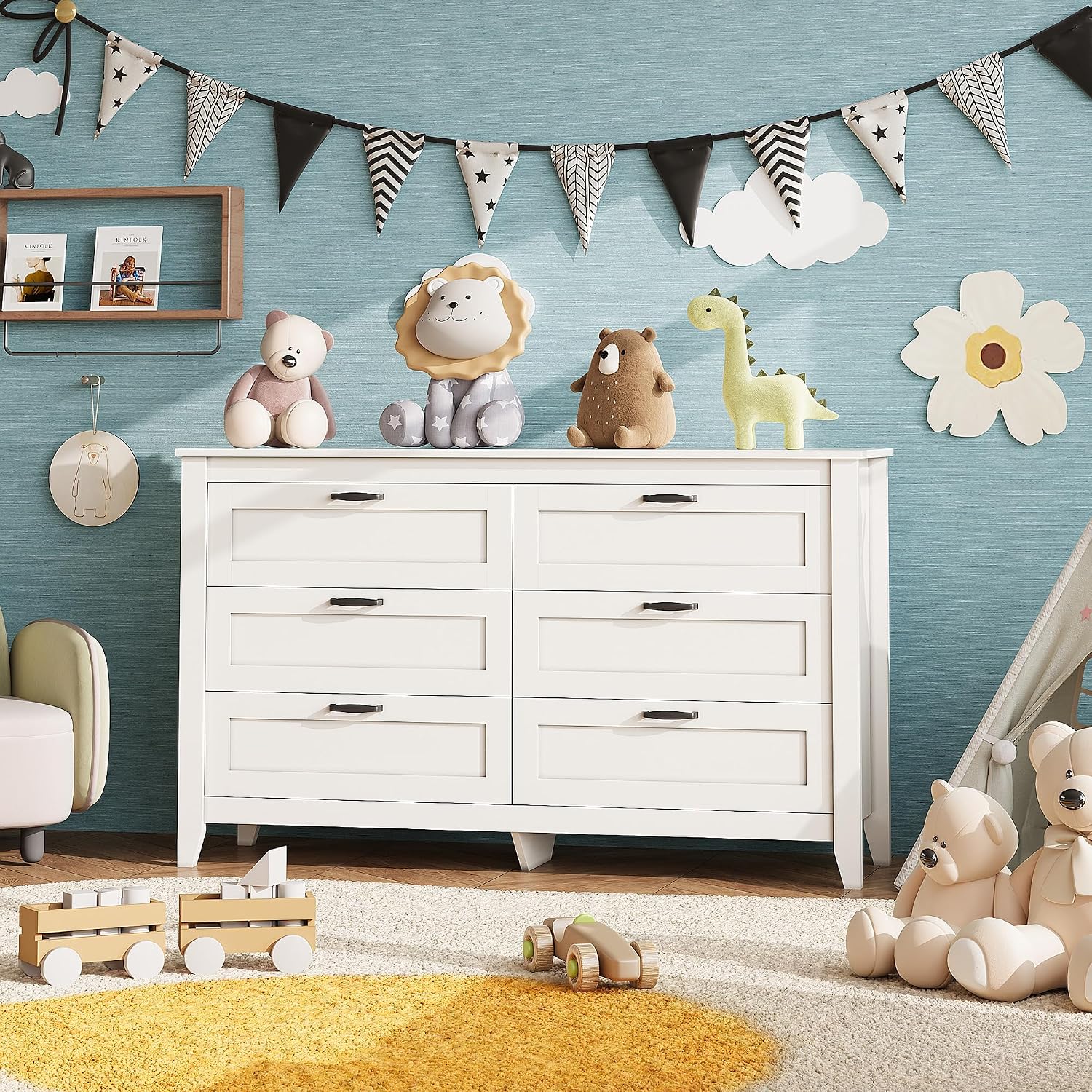 WLIVE White Dresser for Bedroom, 6 Drawer Wood Dresser with Metal Handle, Large Double Wooden Chest of Drawers for Living Room, Hallway, Closet