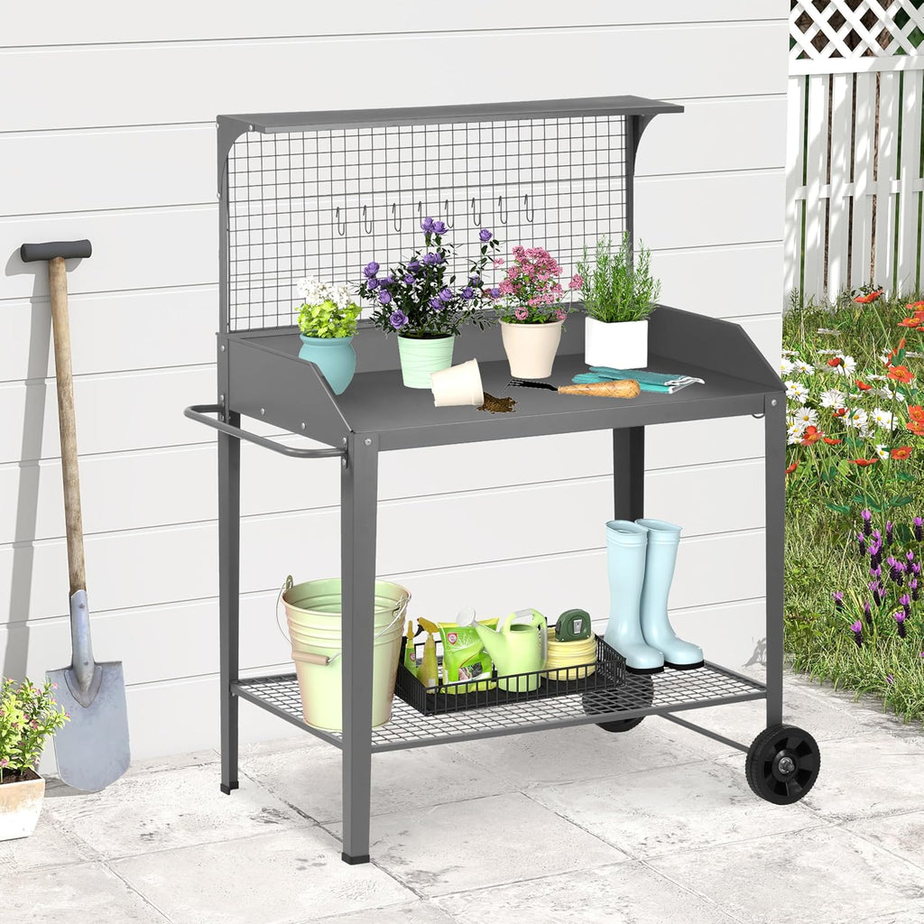 DDK Outdoor Metal Potting Bench with Wheels & Hooks, Wire Rack, Dark Gray | Rustproof Metal, Raised-Edge Worktop, Trellis Top Shelf, 4 Side Hooks, Wire Bottom Shelf