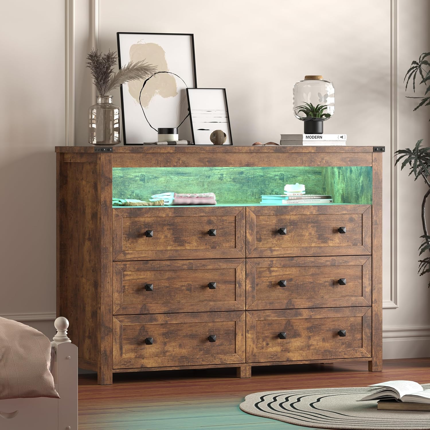 Dresser for Bedroom with 6 Drawers, Wide Chest of Drawers with LED Light and Power Outlet, Wooden Closet Organizer Clothes Storage Cabinet, Modern Double Dressers for Living Room, Hallway, Brown