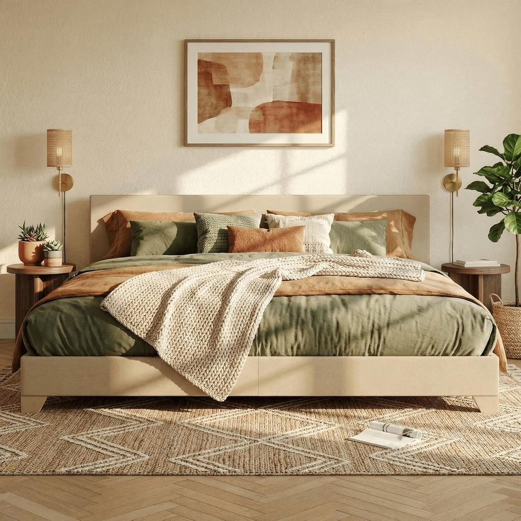SHA CERLIN Upholstered King Size Bed Frame with Adjustable Headboard, Stable Mattress Foundation, Strong Back-Support, No Box Spring Needed, Beige