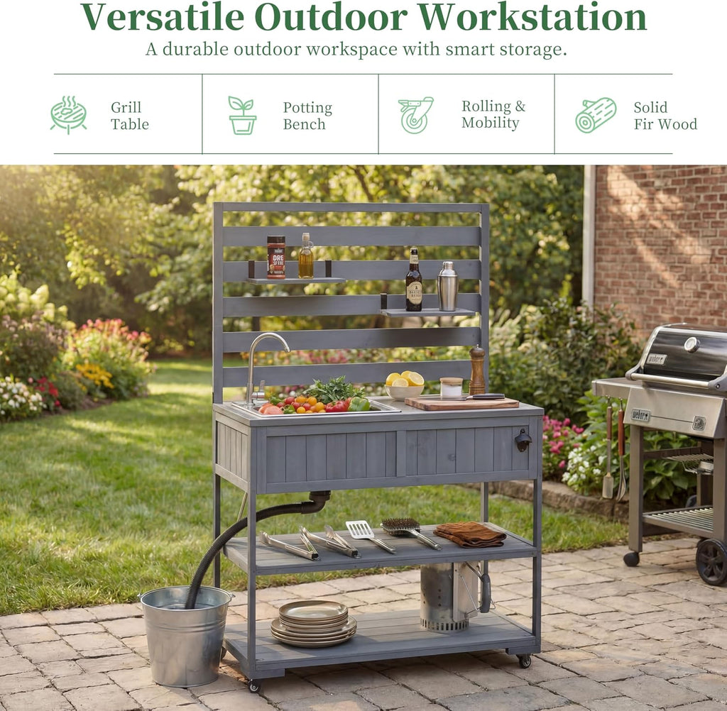 Polibi 41.7' Outdoor Kitchen Island with Sink, Solid Wood Rolling Patio Cart with Stainless Steel Top, Movable Shelves and 1 Bottle Opener,BBQ Station Garden Potting Bench, Gray