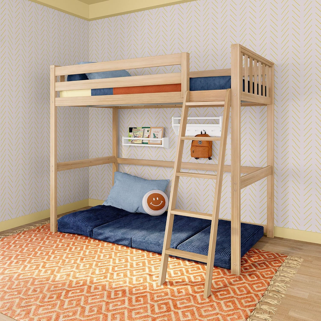 Max & Lily Scandinavian Twin Loft Bed - Modern Solid Wood Kids' High Loft with 14' Guard Rails, Angled Ladder with Anti-Slip setps, 400-lb Capacity, Easy Assembly, Blonde