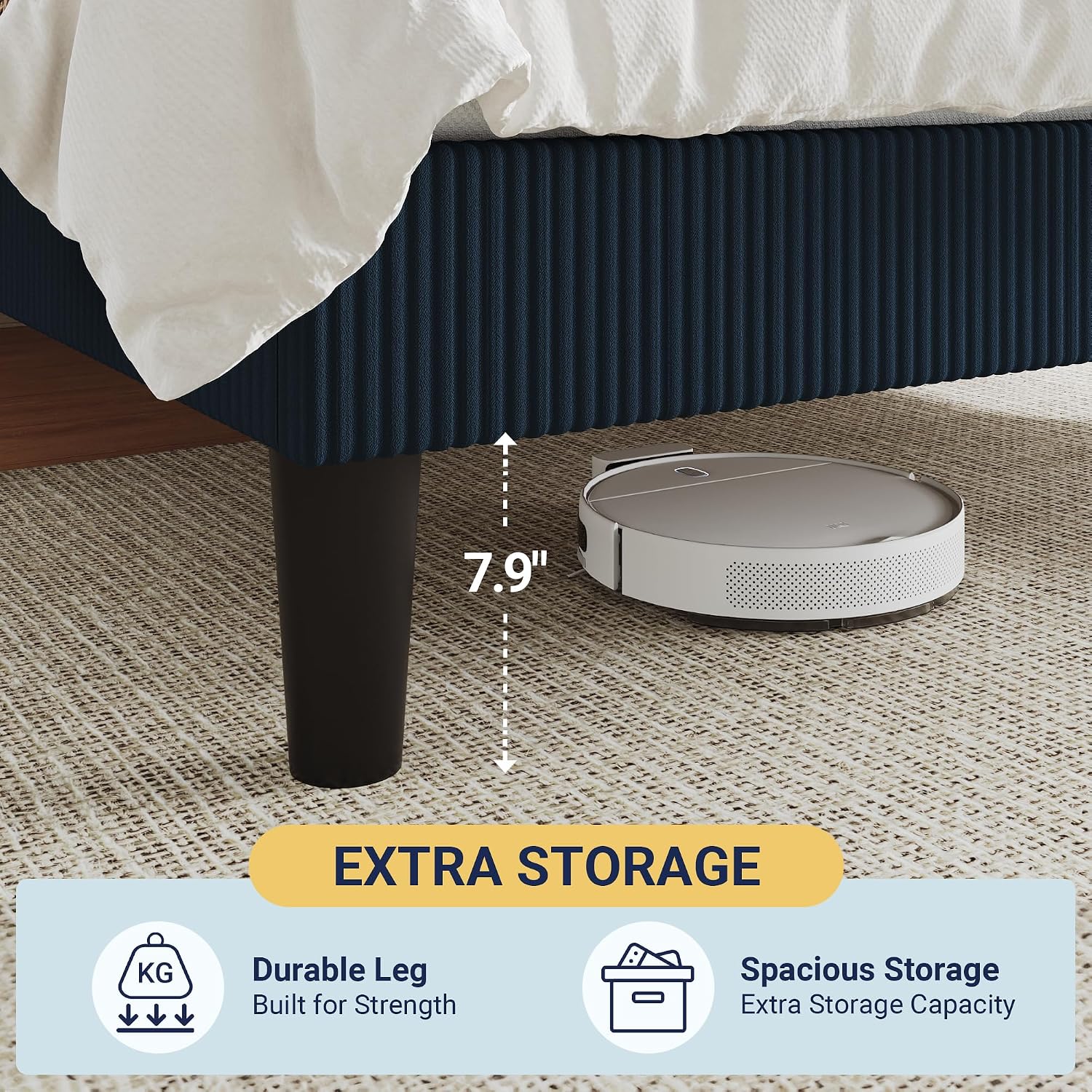 Allewie Full Size Upholstered Bed Frame with Vertical Channel Tufted Headboard, Soft Corduroy Fabric Platform Bed, Strong Wooden Slats Support, Easy Assembly, No Box Spring Needed, Dark Blue