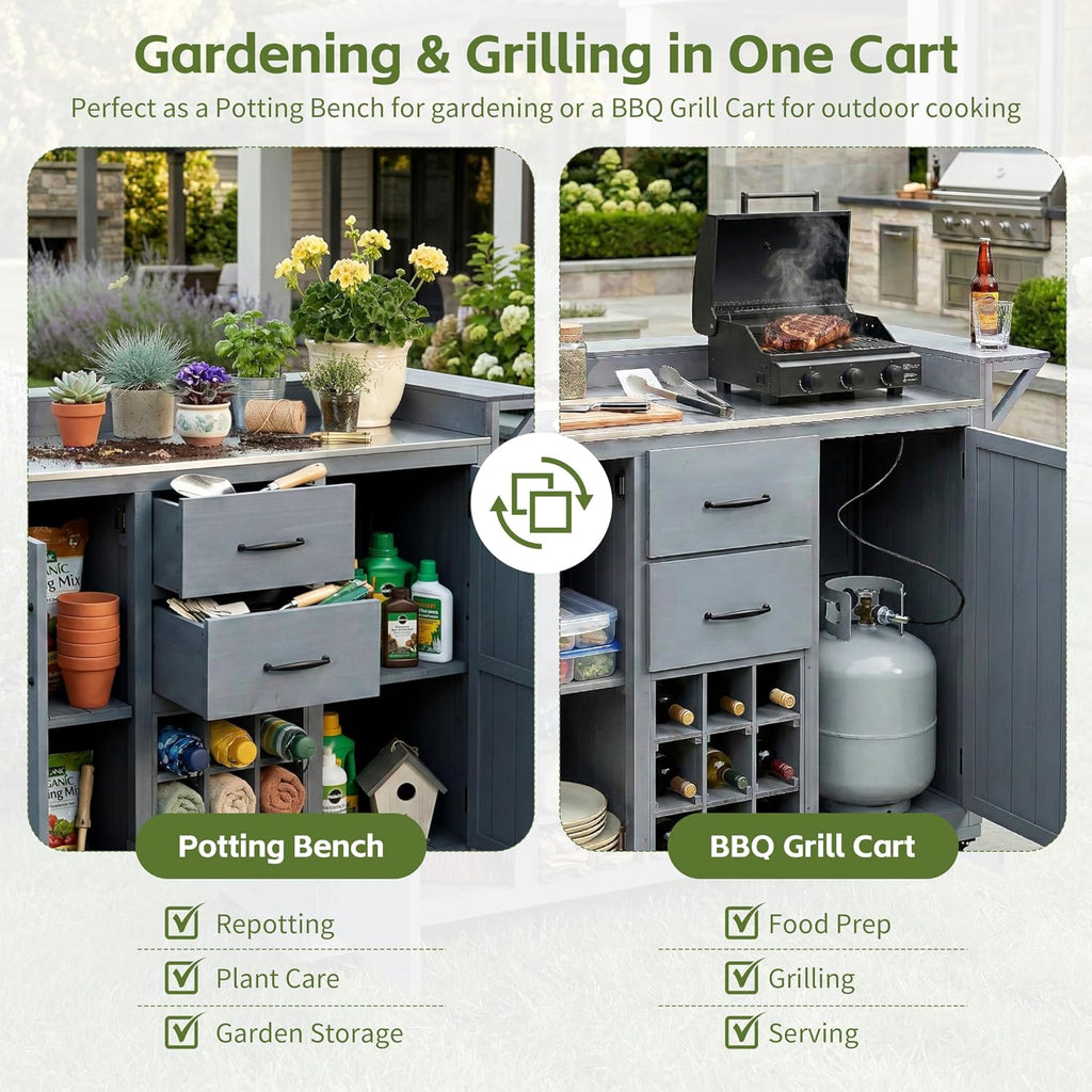 Modern 60.2''W Outdoor Kitchen Island with Wheels,Rolling Patio BBQ Cart with Stainless Steel Top,Wood Grill Cart with Spice Rack&Wine Rack,2 Drawers (Gray-T)