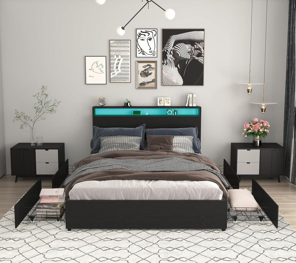 Bellemave Queen Size Bed Frame with 4 Storage Drawers and Charging, Queen Size Bed Frame with Headboard and Charging Station and with Led Lightstation, No Box Spring Needed, (Queen, Black)