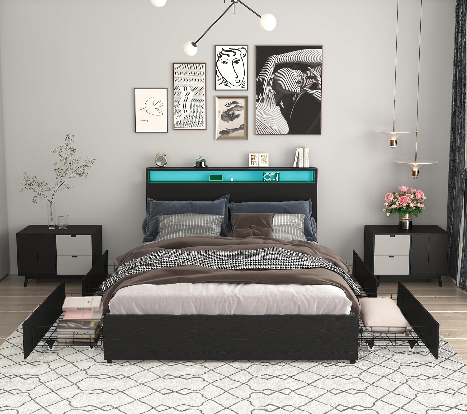 Bellemave Full Size Bed Frame with 4 Storage Drawers and Charging, Full Size Bed Frame with Headboard and Charging Station and with Led Lightstation, No Box Spring Needed, (Full, Black)