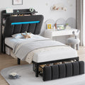 Twin Bed Frames with Storage Headboard for Kids/Boys, Upholstered Black Bed Frame Twin Size with Storage Drawers and Charging Station,Velvet Platform Metal Bed, Noise-Free, No Box Spring Needed