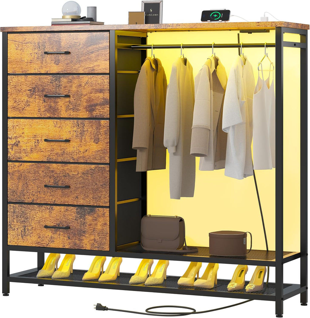Dresser for Bedroom, Dresser with Hanging Rack Led Lights and Charging Station, Bedroom Dresser with 5 Fabric Chest of Drawers with PU Finish Storage Organizer, for Living Room Hallway Closet, Brown