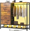 Dresser for Bedroom, Dresser with Hanging Rack Led Lights and Charging Station, Bedroom Dresser with 5 Fabric Chest of Drawers with PU Finish Storage Organizer, for Living Room Hallway Closet, Brown
