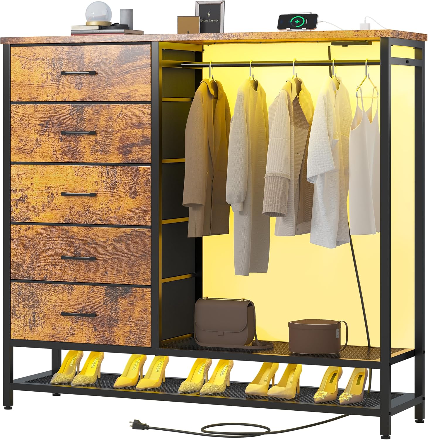 Dresser for Bedroom, Dresser with Hanging Rack Led Lights and Charging Station, Bedroom Dresser with 5 Fabric Chest of Drawers with PU Finish Storage Organizer, for Living Room Hallway Closet, Brown