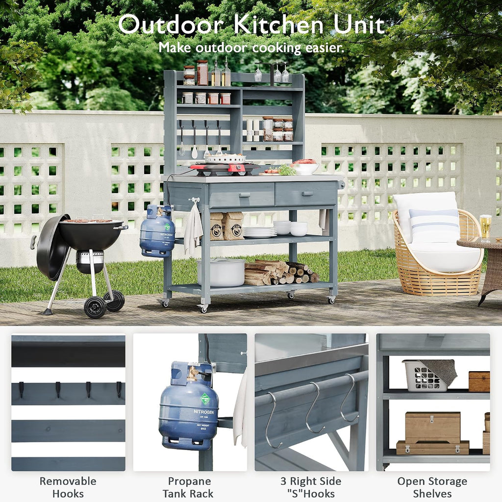 64.9'H Outdoor Potting Bench with Upper Hutch, Solid Fir Wood Garden Work Table with Stainless Steel Top, 2 Drawers, Adjustable Shelves, Towel Rack, Lockable Wheels for Grilling Lawn Patio, Grey Blue