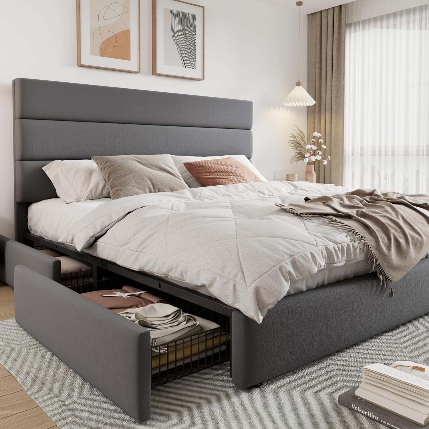 Allewie Modern King Size Platform Bed Frame with 4 Storage Drawers and Velvet Upholstered Headboard, Wooden Slats Support, Upholstered Mattress Foundation/No Box Spring Needed/Easy Assembly, Grey