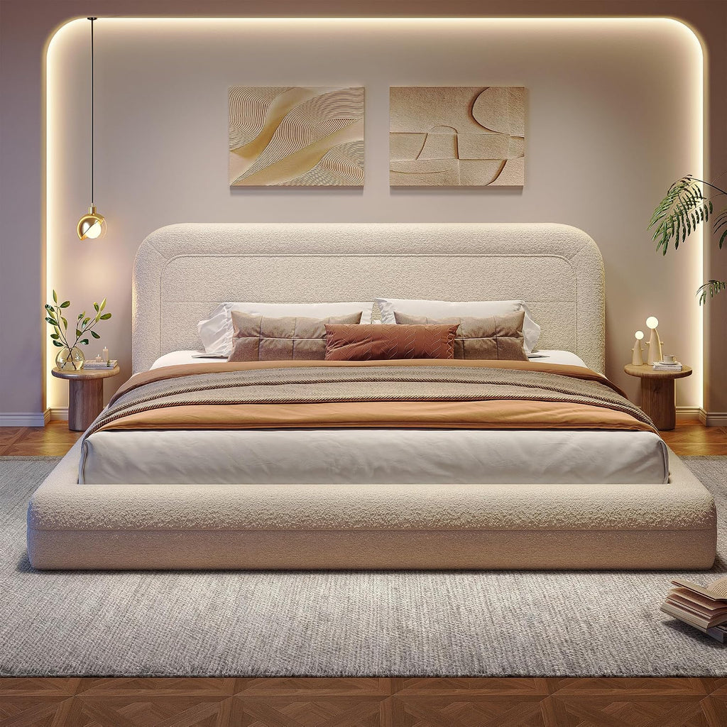 Homkdom Cloud Bed Frame and Headboard, Upholstered Soft King Size Bed Frame with Round Edges, Boucle Platform Bed for Apartments & Master Rooms & Guest Rooms, No Box Spring Needed,Beige