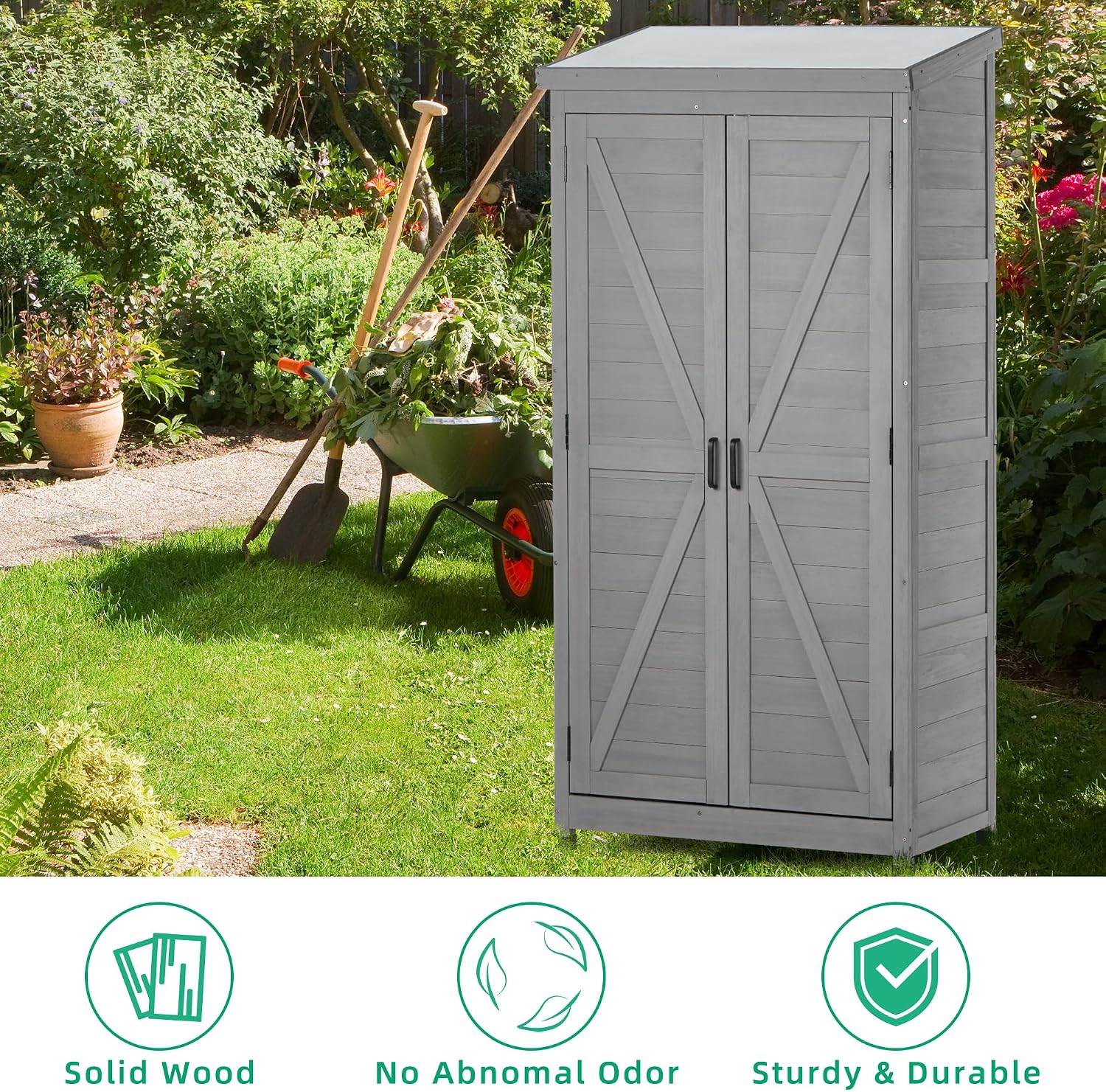 Tall Outdoor Storage Cabinet Waterproof Wood with Metal Top, Durable Patio Garden Shed for Tools, Backyard Deck and Balcony Organizer, Outside Hutch, 68-Inch Tall, Gray