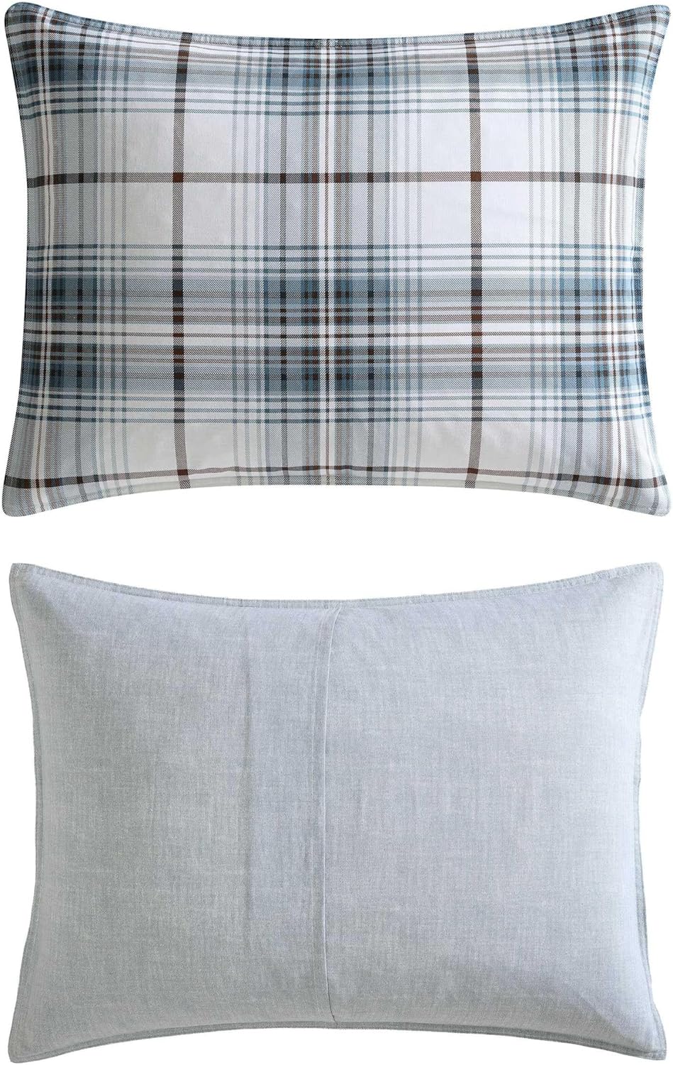 Eddie Bauer - King Comforter Set, Reversible Cotton Bedding with Matching Shams, Plaid Home Decor (Alder Blue/Grey, King)