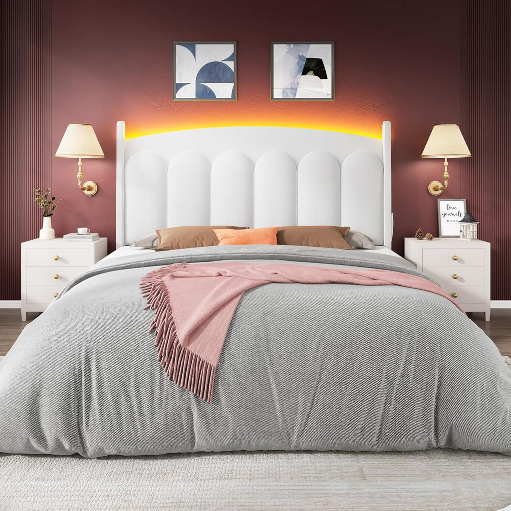 CypBed Full Size Bed Frame with Headboard LED Lights, Velvet Upholstered Full Size Bed, Adjustable Platform Full Bed, Sturdy Wooden Slats Support,No Box Spring Needed/Easy Assembly/White,Gifts