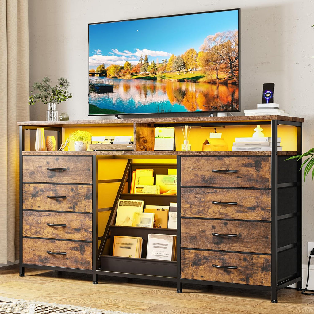 EnHomee 55 ' W Dresser for Bedroom with Bookrack & 8 Fabric Drawers, Dresser TV Stand with Power Outlet & LED Lights for 65 Inch TV, Chest of Drawers for Cabinet, Entryway,Rustic Brown