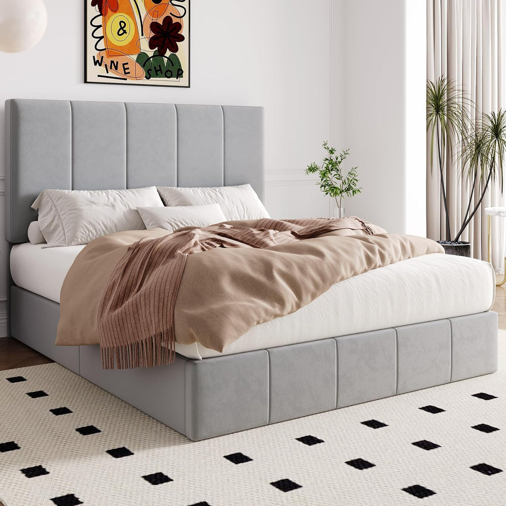 Allewie Full Size Velvet Lift Up Storage Bed Frame, Vertical Channel Tufted Headboard, Hydrualic Underneath Storage, Upholstered Platform Bed, Wooden Slats Support, No Box Spring Needed, Gray
