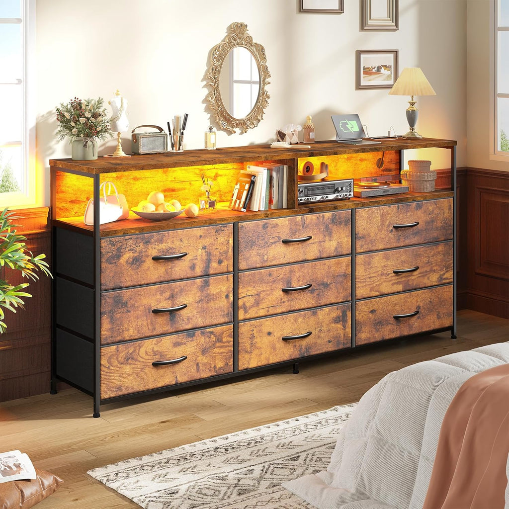 Romorgniz 55' W Dresser for Bedroom with 9 Drawers LED TV Stand with Power Outlets for 45, 55, 65 Inch TV Sturdy Long Chest of Drawers with Extra 2 Wooden Shelves Steel Frame Rustic Brown
