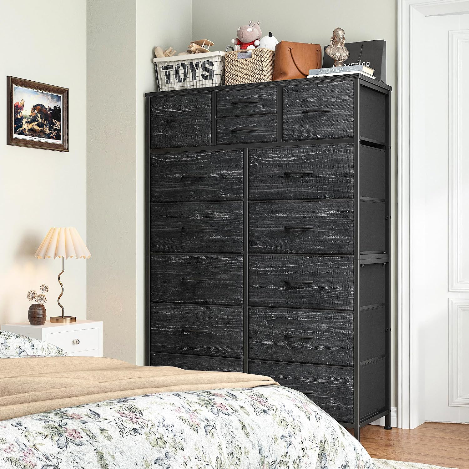 EnHomee Black Dresser with 10+4 Storage Drawers, Chest of Drawers, Sturdy Metal Frame & Wood Top, Bedroom, Hallway, Closets, Living Room, 52.2' H x 37.4' W x 11.8' D