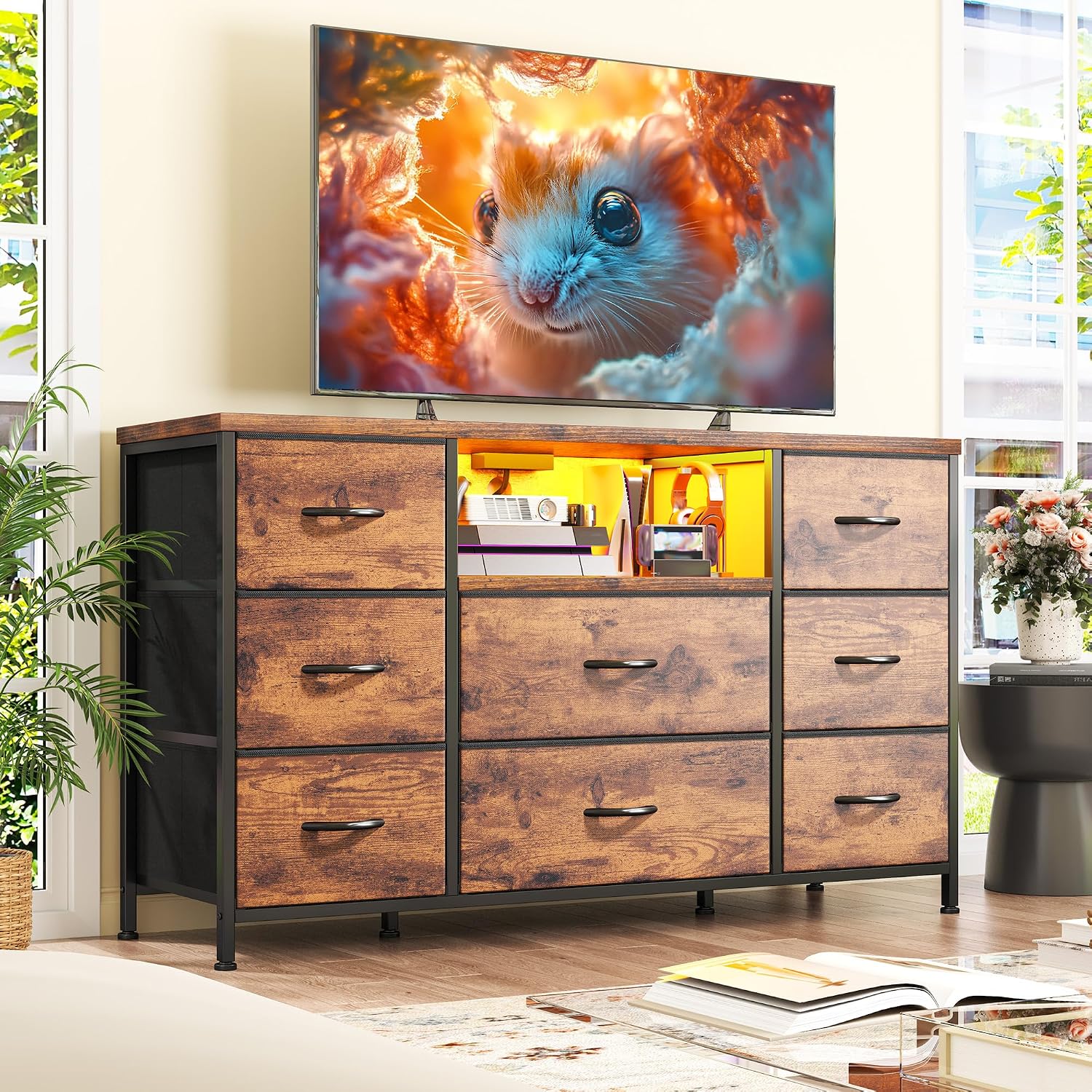 Dresser for Bedroom with LED Lights & Charging Station, Dresser TV Stand for Bedroom with 8 Drawer for 55 inch TV, Fabric Dressers & Chests of Drawers with Shelves for Hallway Entryway, Rustic Brown