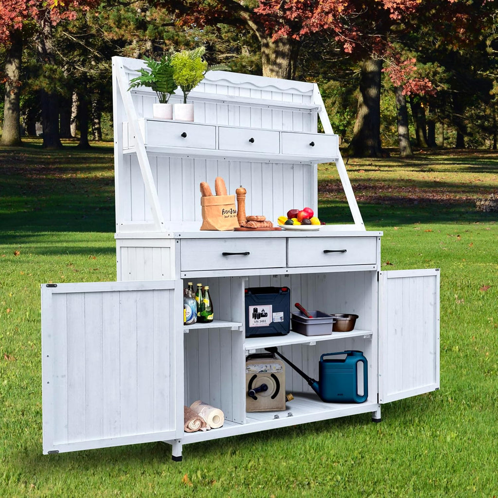 Outdoor Potting Bench with Storage and Drawer, Wooden Gardening Work Table, Fir Wood, White Farmhouse Style, 64.5x45.5x18.9 Inch