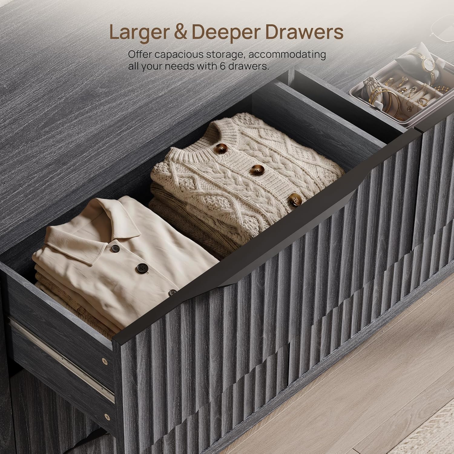 SICOTAS Dresser for Bedroom 53.5' Wide 6 Drawer Dressers & Chests of Drawers for Closet Long Large Modern TV Stand Set for Clothes Storage Fluted Clothes Closet for Hallway Entryway, Dark Grey Alder