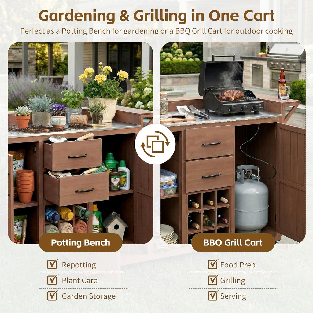 Modern 60.2''W Outdoor Kitchen Island with Wheels,Rolling Patio BBQ Cart with Stainless Steel Top,Wood Grill Cart with Spice Rack&Wine Rack,2 Drawers (Brown-T)