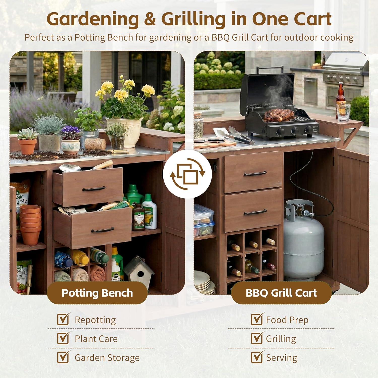 Modern 60.2''W Outdoor Kitchen Island with Wheels,Rolling Patio BBQ Cart with Stainless Steel Top,Wood Grill Cart with Spice Rack&Wine Rack,2 Drawers (Brown-T)