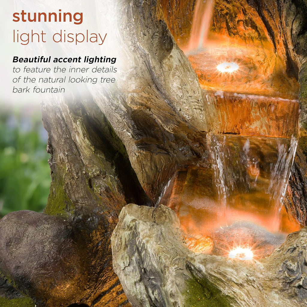 Alpine Corporation WIN1520 59' Indoor/Outdoor Floor 5-Tiered Tree Bark Water Fountain, Cascading Mossy Wood Waterfall Feature for Garden, Patio, and Yard, Brown