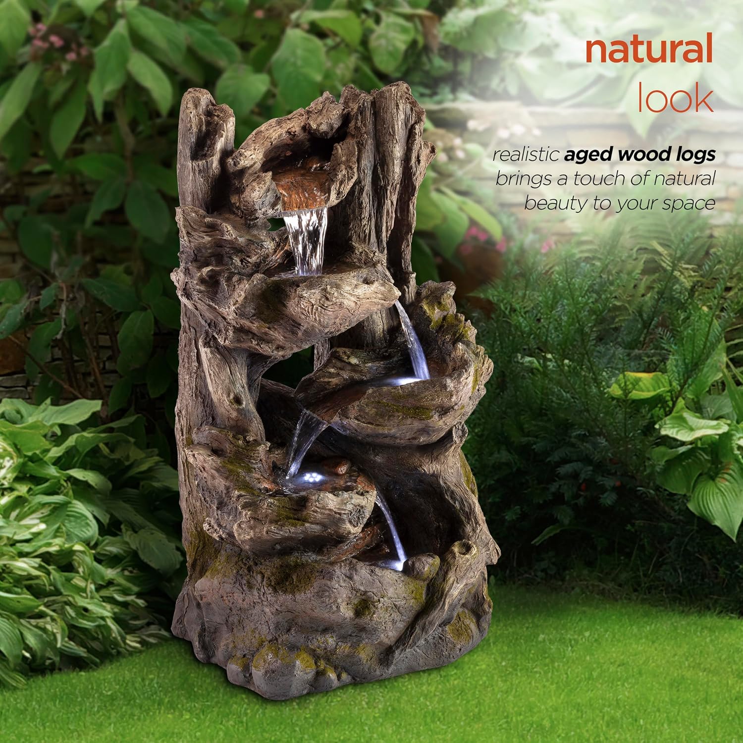 Alpine Corporation WIN794 Outdoor 5 Tier Rainforest Waterfall Fountain with LED Lights, 39' Tall, Brown