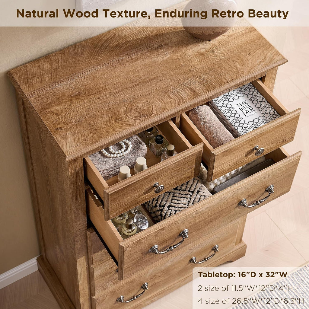 T4TREAM 48' Tall 6 Drawers Dresser Chests for Bedroom, Rustic Chset of Drawers, Wood Dressers Organizer for Bedroom, Living Room,Hallway, Light Knotty Oak