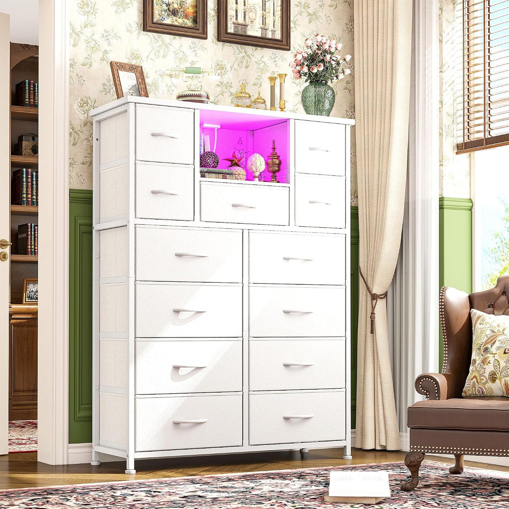 Romorgniz Dresser for Bedroom with 13 Fabric Drawers, White Dresser with LED and 4 Charging Ports and Open Shelves, 47''H Chest of Drawers for Entryway, Hallway