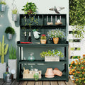 Large Wooden Farmhouse Rustic Outdoor Potting Bench Table, Patio Workstation, Garden Potting Bench with 4 Storage Shelves and Side Hook Lower Storage Shelf for Patio, Deck, Porch (Dark Green, 65inch)