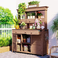P PURLOVE Tall Garden Potting Bench Table with Hutch,Patio Storage Workstation with 3 Shelves,6 Drawers,2 Bottom Cabinets&Side Hooks for Mudroom,Doorway