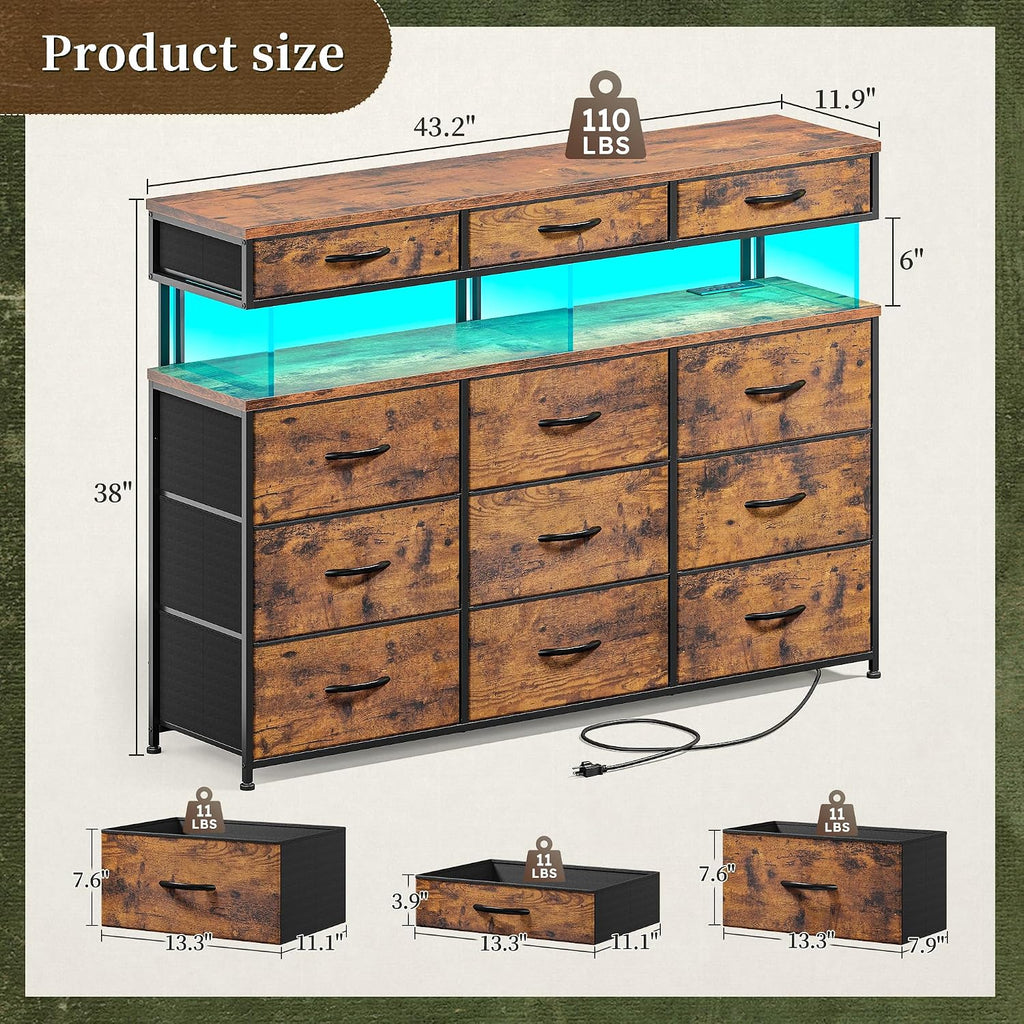 Romorgniz Dresser for Bedroom with Charging Station and LED Lights, Fabric Dressers & Chest of Drawers, Dresser TV Stands for Living Room, Open Shelves, 10MM Thick Acrylic Sheet, Brown