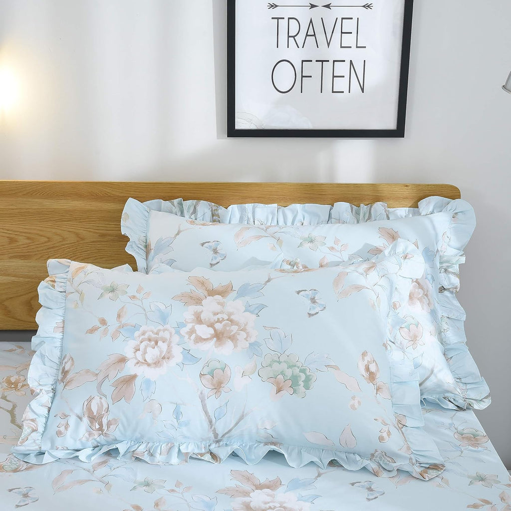 FADFAY Farmhouse Floral Bedding Shabby Blue Bird Print French Countryside Chic Bedding Set Luxury Bedskirt Collections 800 Thread Count 100% Egyptian Cotton, 4 Piece-Twin Size