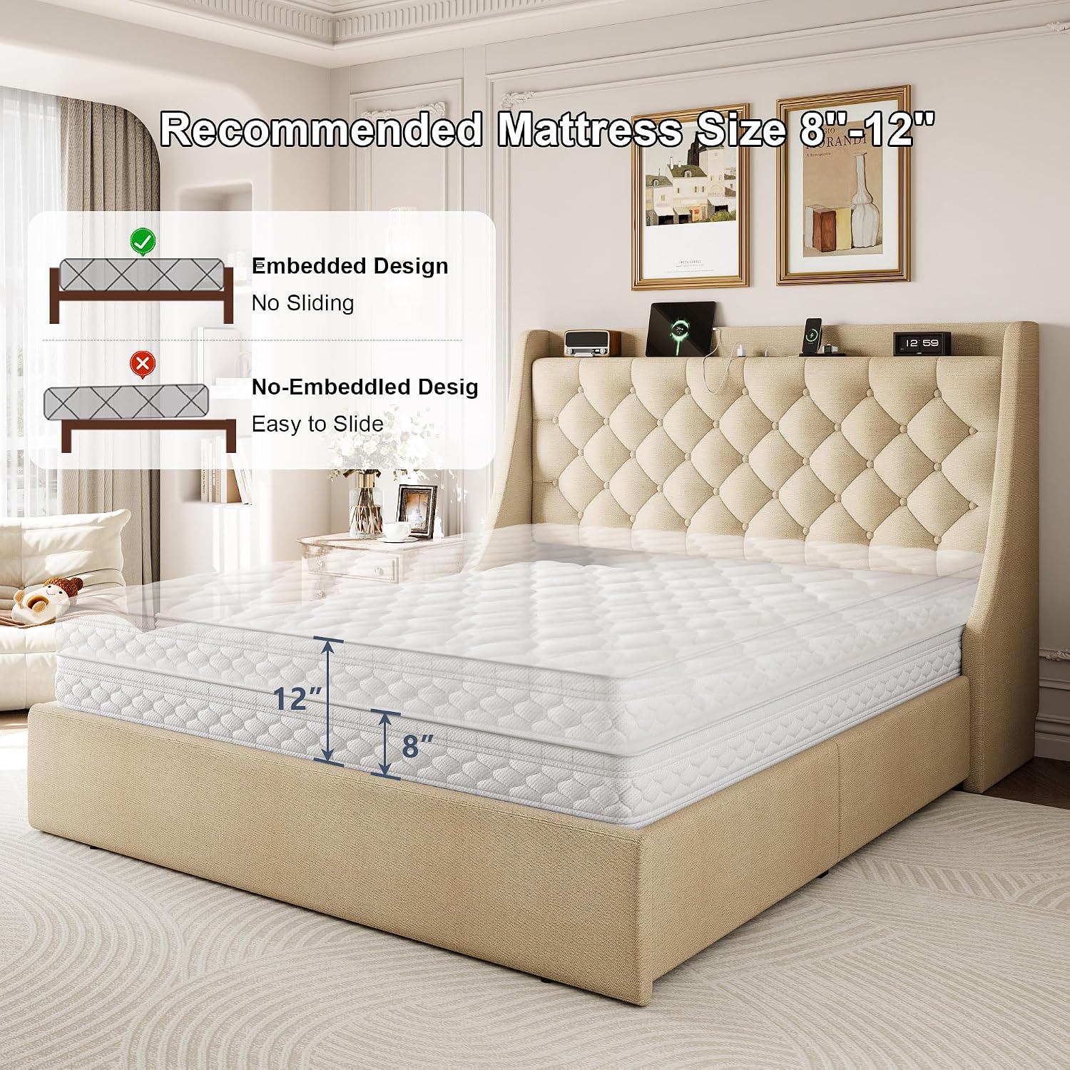 Full Size Upholstered Platform Bed Frame with 4 Storage Drawers and Charging Station, Linen Button Tufted Wingback Headboard, Sturdy Wooden Support Slats, No Box Spring Needed, Beige