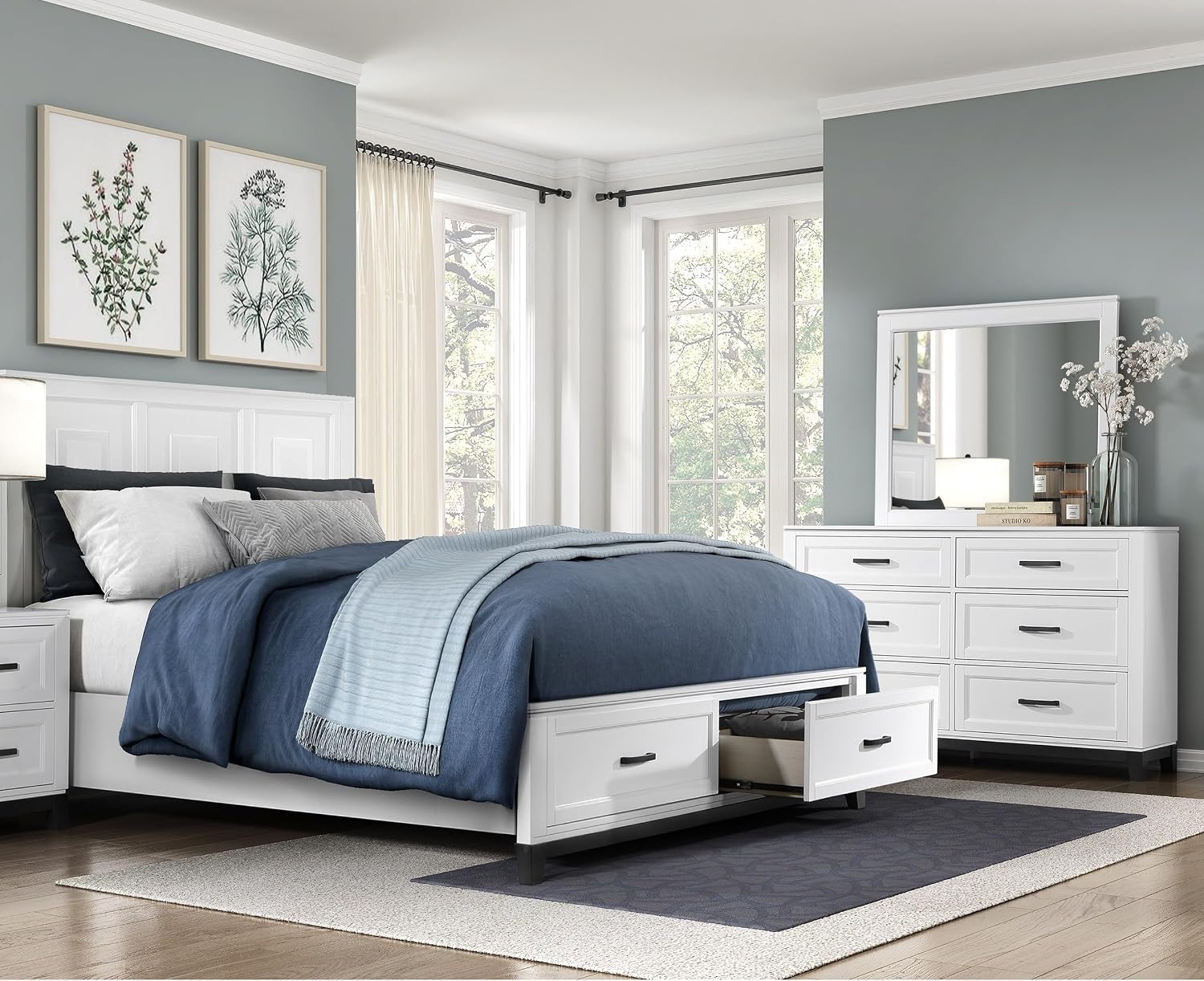 3-Pc Set Bedroom Full Size White Platform Bed w Footboard Drawers Wooden Rustic Style Furniture