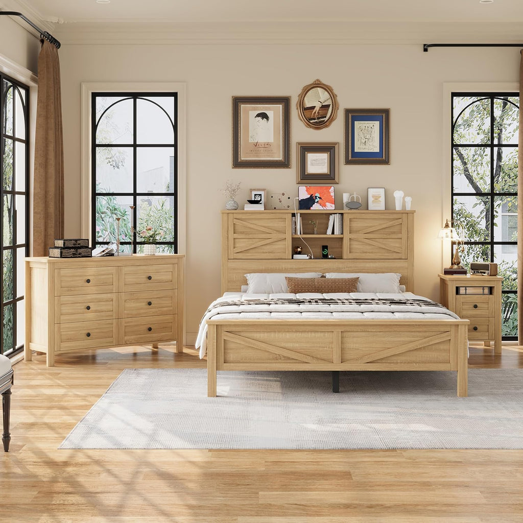 Farmhouse 3-Piece Full Size Bedroom Furniture Set, Platform Bed with Double Sliding Door Storage Headboard & Charging Station, Bed Frame with Storage Nightstand and Dresser (Natural, Queen) | 3-Piece