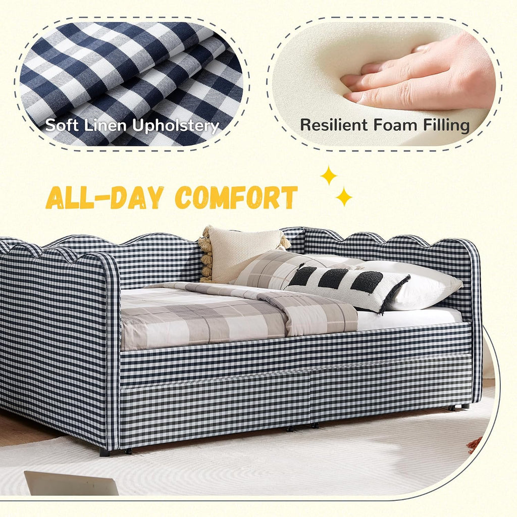 DEINPPA Full Size Upholstered Daybed with 2 Storage Drawers, Gingham Daybed with USB Ports for Bedroom Living Room Guest Room-Navy