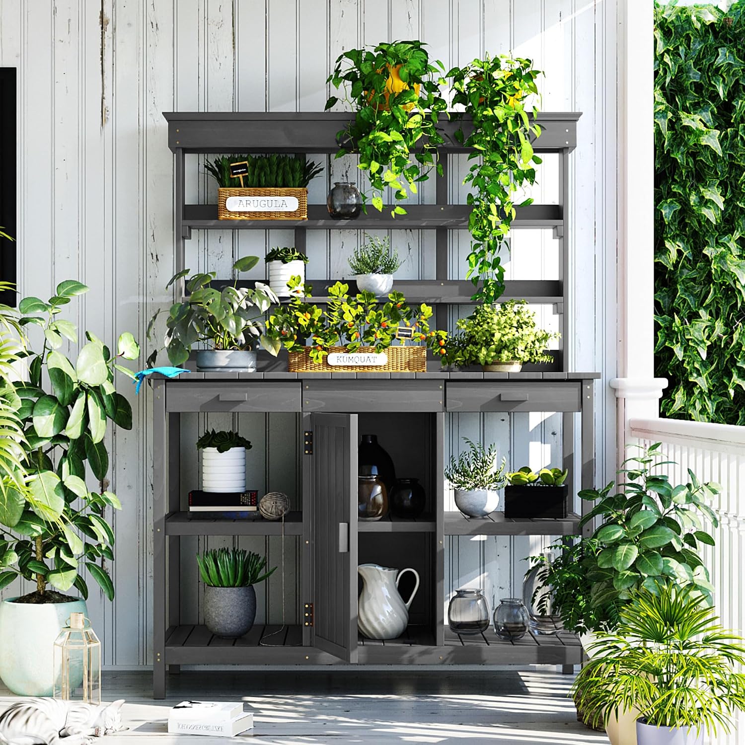 66' Large Outdoor Farmhouse Wooden Potting Bench Table, Garden Workstation with 2 Drawers, Cabinet & 4-Tier Open Shelves, Fir Wood Potting Table for Backyard, Mudroom (Gray)