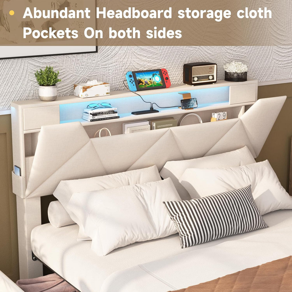 Vabches Full Bed Frame with Storage Headboard and 4 Drawers,Upholstered Platform with Charging Station and Led Lights,Adjustable Headboard,No Box Spring Needed,Beige