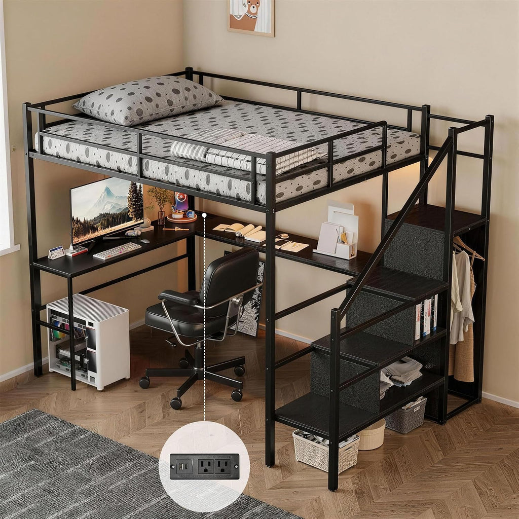 Full Size Loft Bed with L-Shaped Desk and Built-in Storage Shelves & Wardrob, Convertible Stairs, Metal Loft Bed Frame with LED Light & Charging Station, for Teens/Adults (Black)