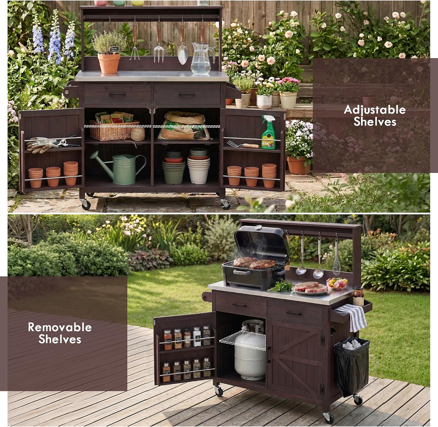 54.1' Outdoor Kitchen Island with High Shelf, Large Potting Bench Table with Stainless Steel Top, Solid Wood Grill Cart with Lockable Wheels for BBQ, Garden (Brown-hs)